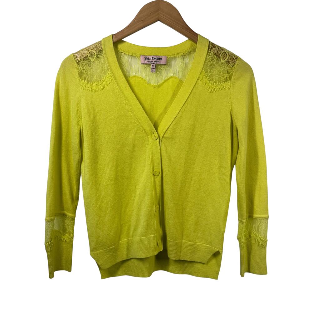 Juicy Couture Cardigan Women XS Yellow Lace Button Up Y2K Career Business Casual